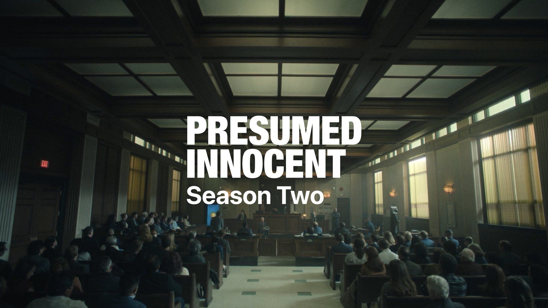 A shot of the courtroom from Presumed Innocent. Text on screen says 