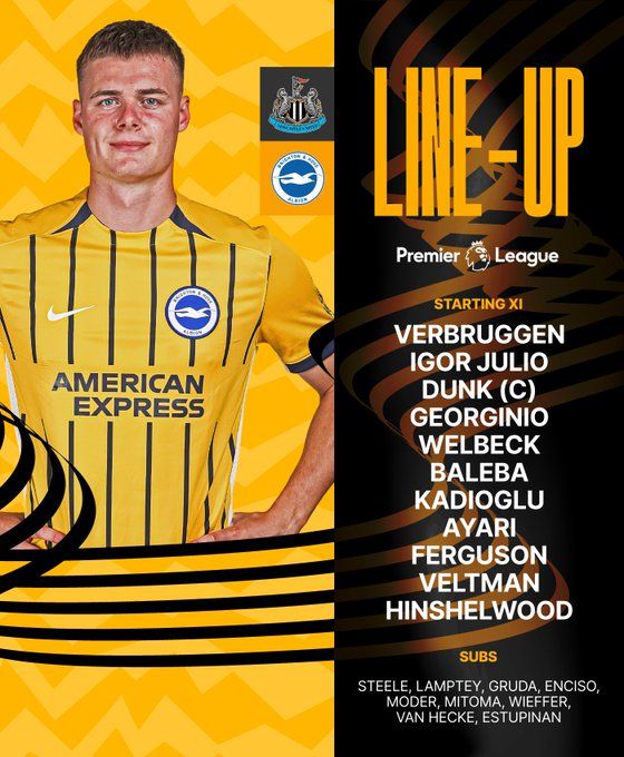 Albion's starting XI graphic featuring Evan in our yellow away kit: Verbruggen, Igor Julio, Dunk (C), Georginio, Welbeck, Baleba, Kadioglu, Ayari, Ferguson, Veltman, Hinshelwood. Subs: Steele, Lamptey, Gruda, Enciso, Moder, Mitkam, Wieffer, van Hecke, Estupinan. Come on Albion!