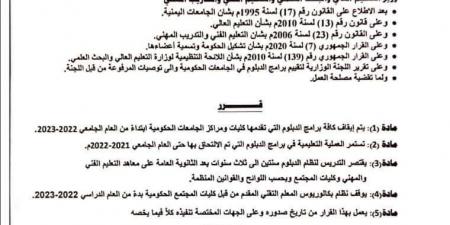 مصدر في التعليم العالي: نُجدِّد التأكيد على إيقاف الدبلومات المهنية في الجامعات الحكومية - أخبار كلمتك